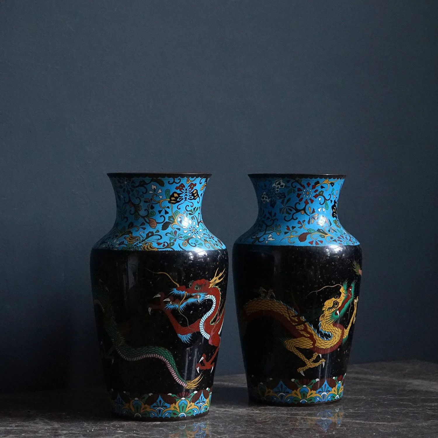 Pair of Japanese Cloisonne Vases With Dragons, Meiji Period