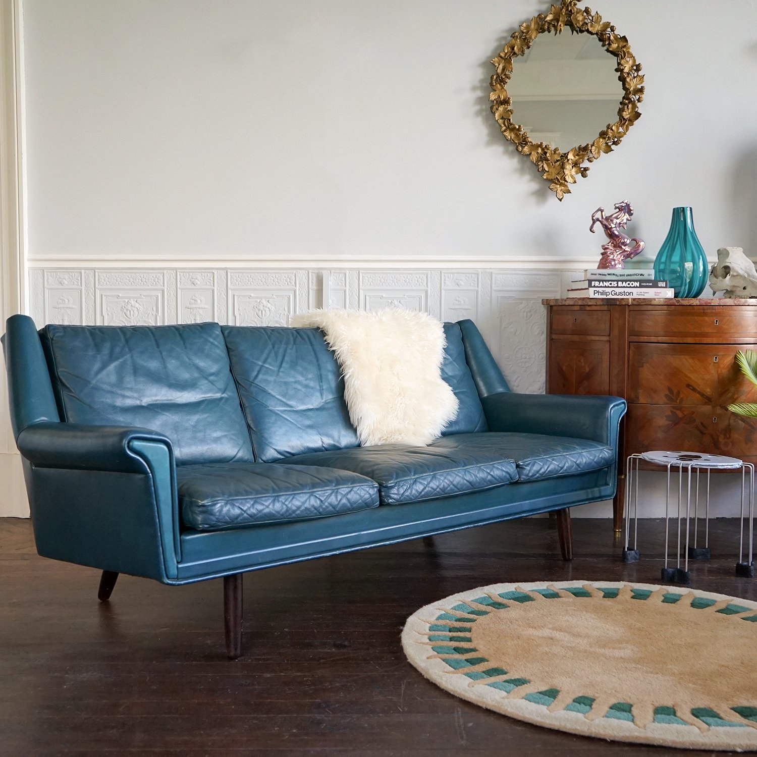 ik heb het gevonden beschaving gen Danish Petrol Blue Leather Three-Seater Sofa, 1960s — Vintage and Antique  Decorative Interiors