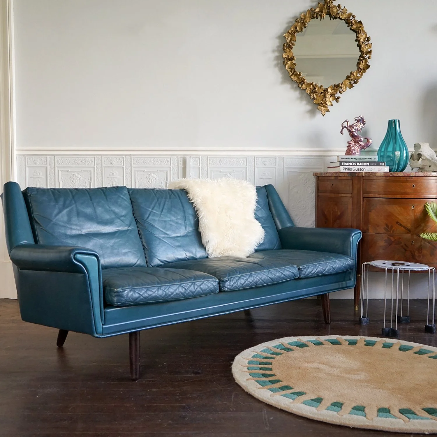 Danish Petrol Blue Leather Three-Seater Sofa, 1960s