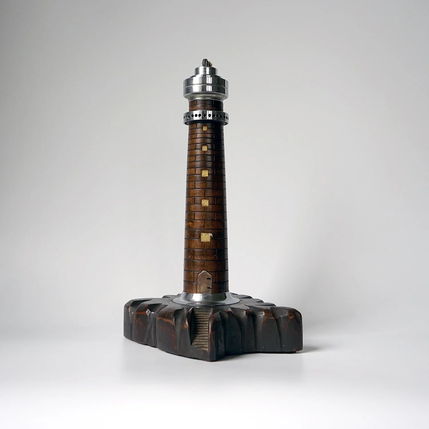 Large Antique Folk Art Turned Wood Lighthouse Table Lighter, c. 1920s