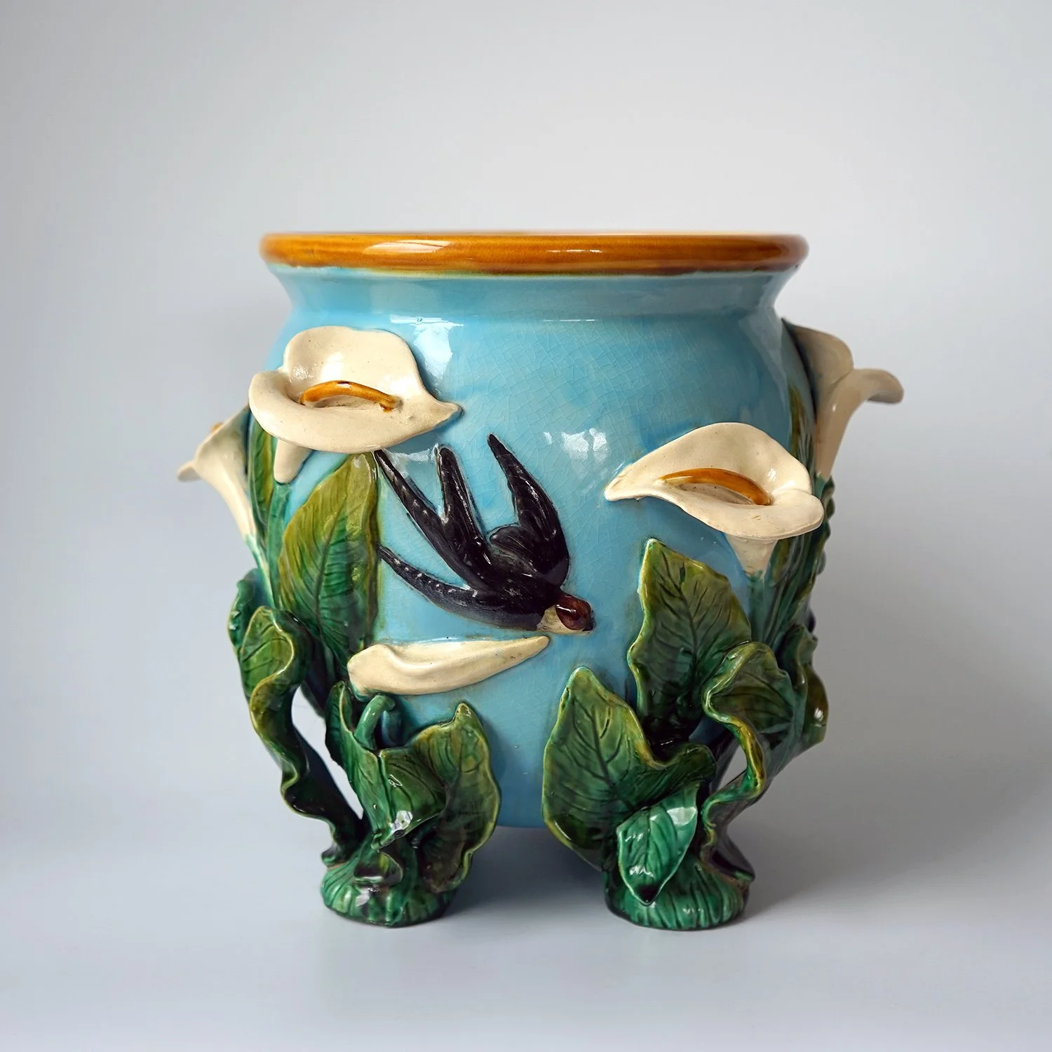 Majolica 'Swallow and Lily' Jardiniere by George Jones, 19th Century