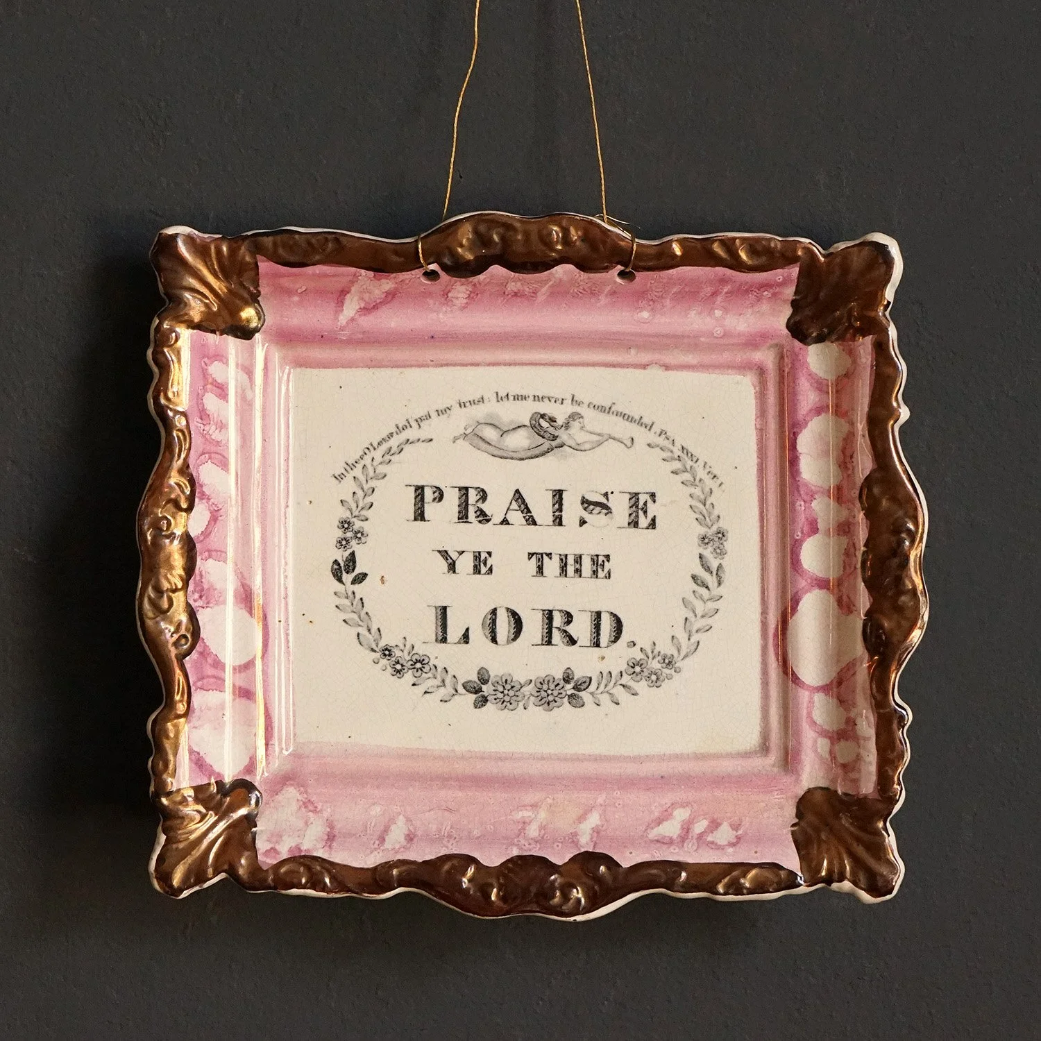 Pink Sunderland Lustre Praise ye the Lord Pottery Plaque, Mid 19th Century