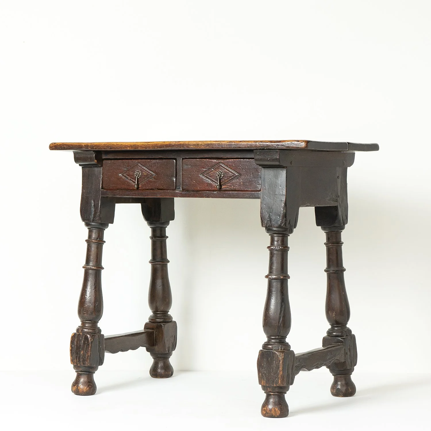 Chunky Spanish Baroque Oak Side Table With Baluster Legs, 17th Century