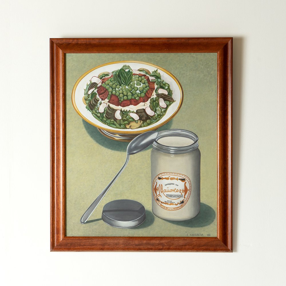 SOVIET MAYONNAISE AND SALAD STILL LIFE OIL BY ELENA KHUDIAKOVA, 1990s