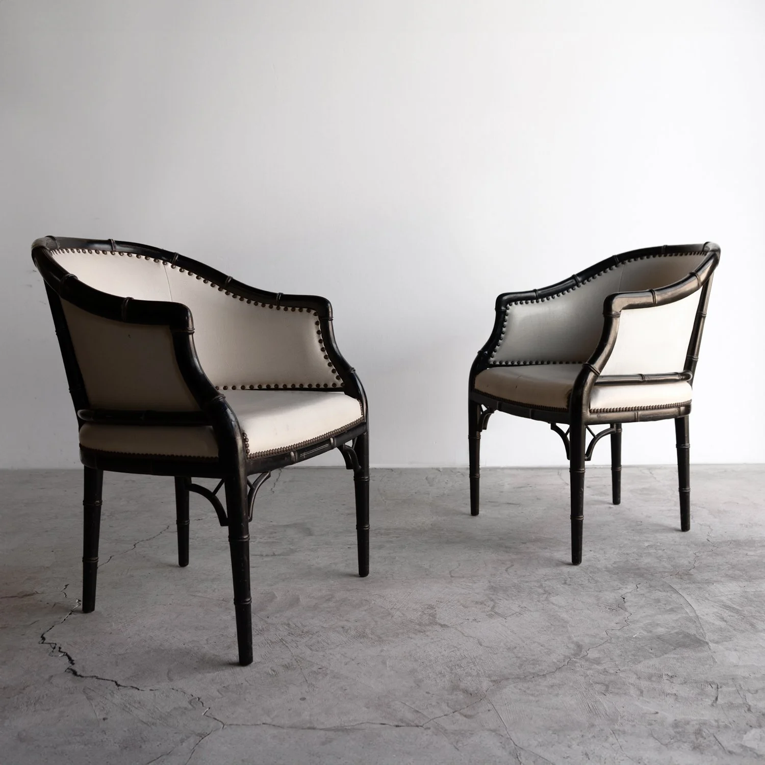 Pair of Vintage Chinoiserie Ebonised Faux Bamboo Tub Chairs, Mid 20th Century