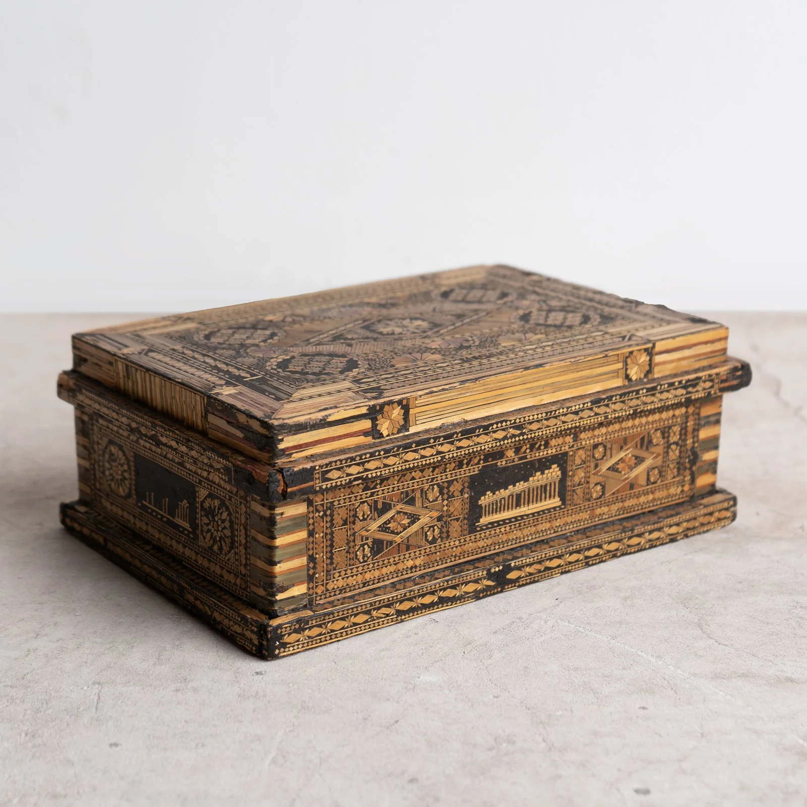 Antique Greek Folk Art Straw Work Marquetry Jewellery Box, c. 1900