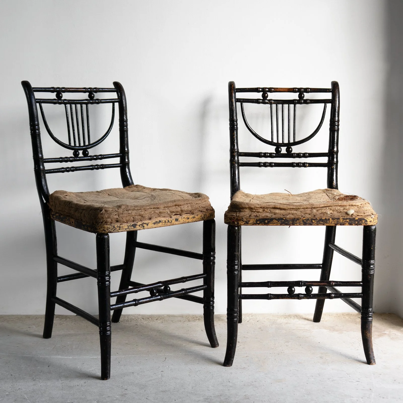 Pair of Antique Regency Ebonised Faux Bamboo Chairs, Early 19th Century