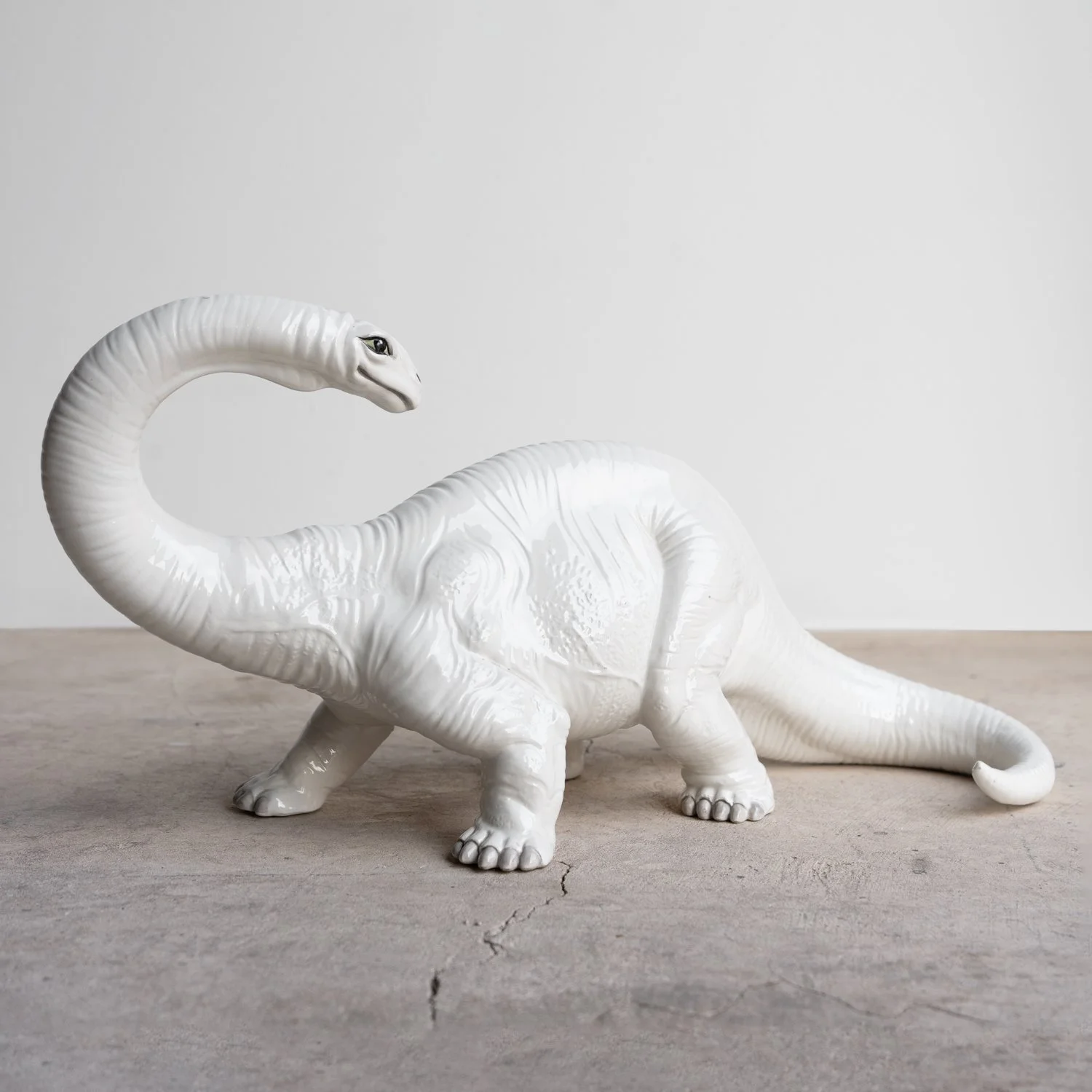Vintage Italian Bassano Ceramic Dinosaur Sculpture - White Pottery Brontosaurus Figure, 1970s