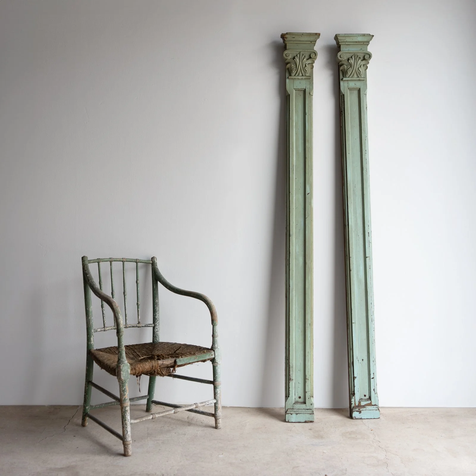 Pair of Antique Carved Painted Wooden Pilaster Half Columns, 19th Century