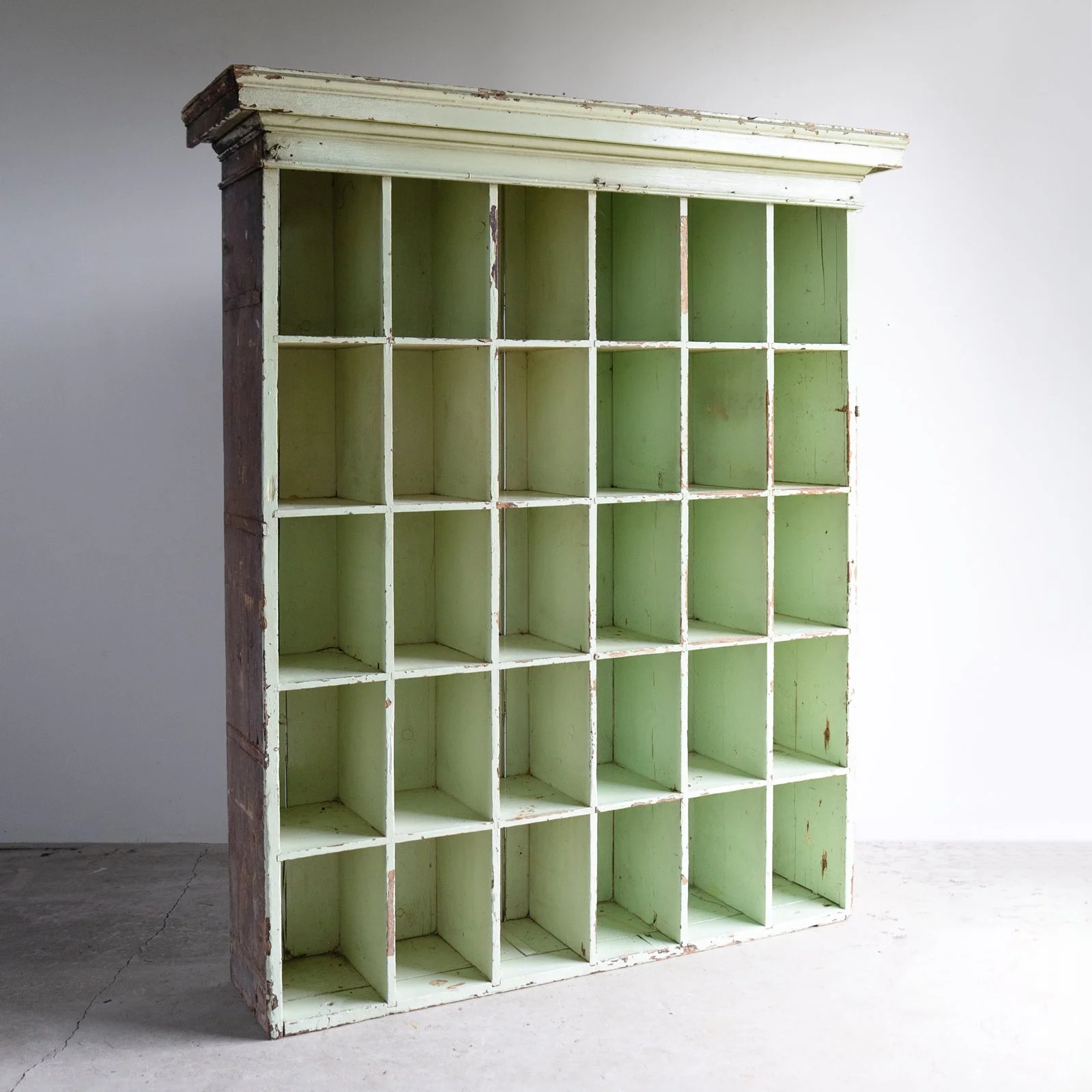 Antique Mint Green Painted Pine Pigeon Hole Shelving Unit, 19th