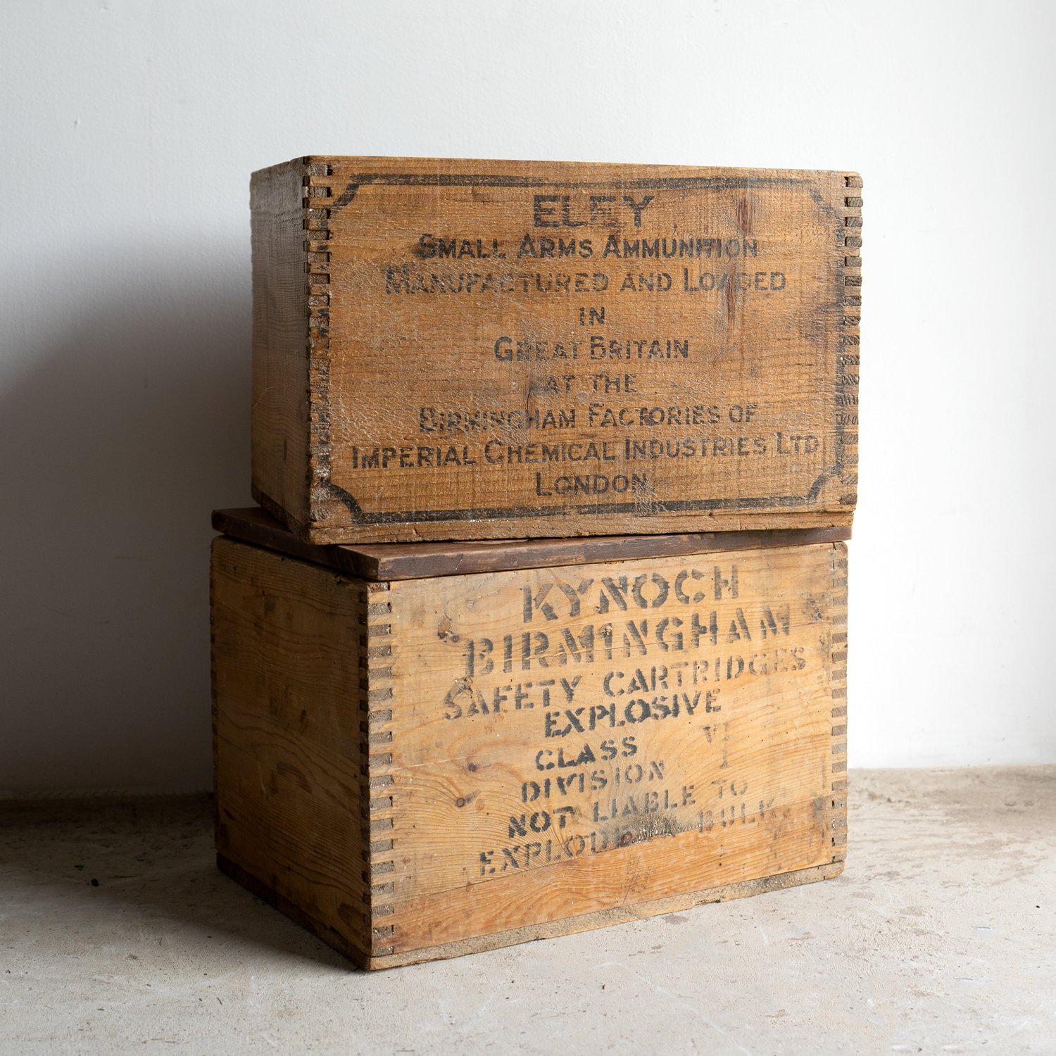 Pair of Vintage Wooden Shotgun Cartridge Ammo Box Crates, Kynoch and Eley, Early 20th Century
