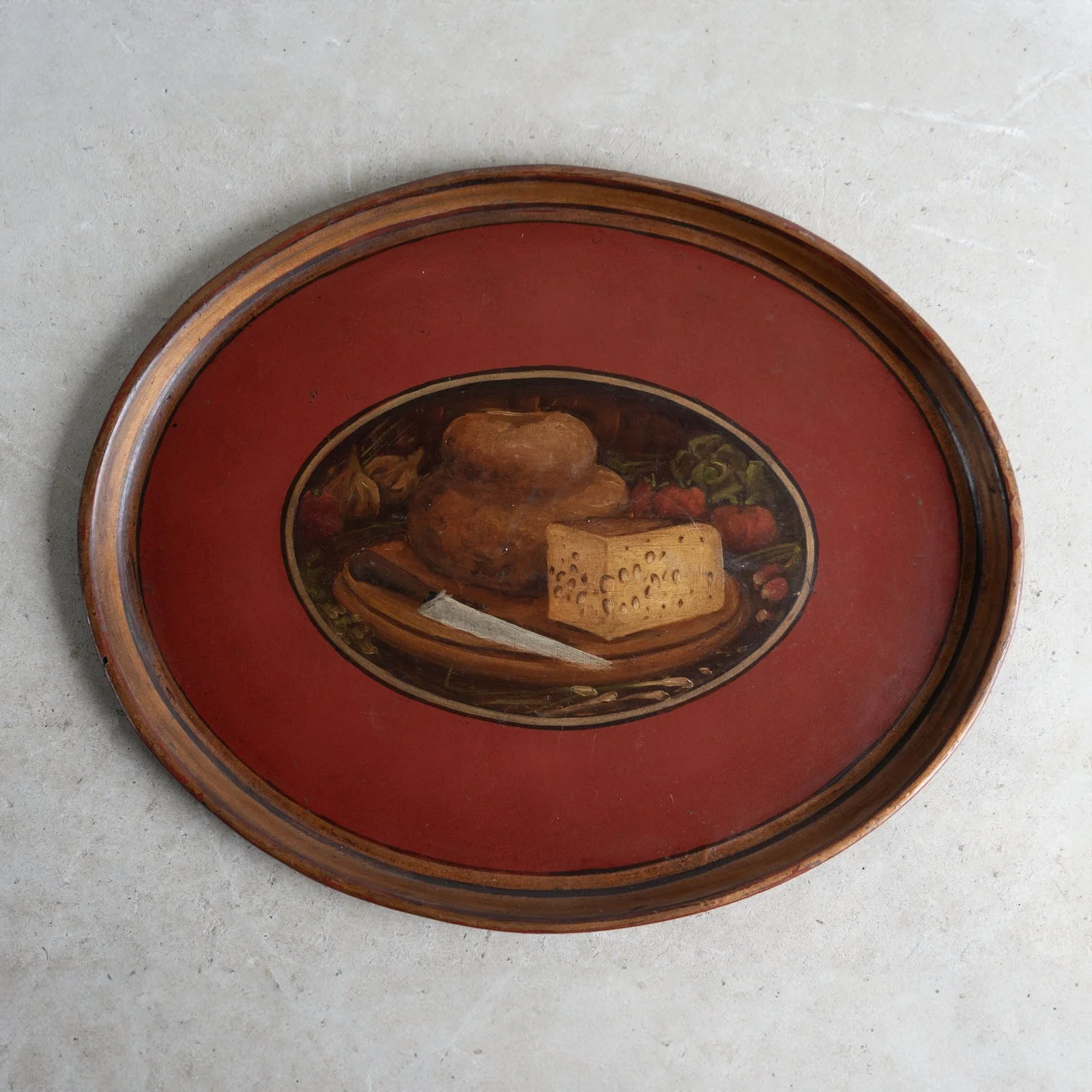 Antique French Folk Art Painted Toleware Tray With Bread and Cheese, Late 19th Century