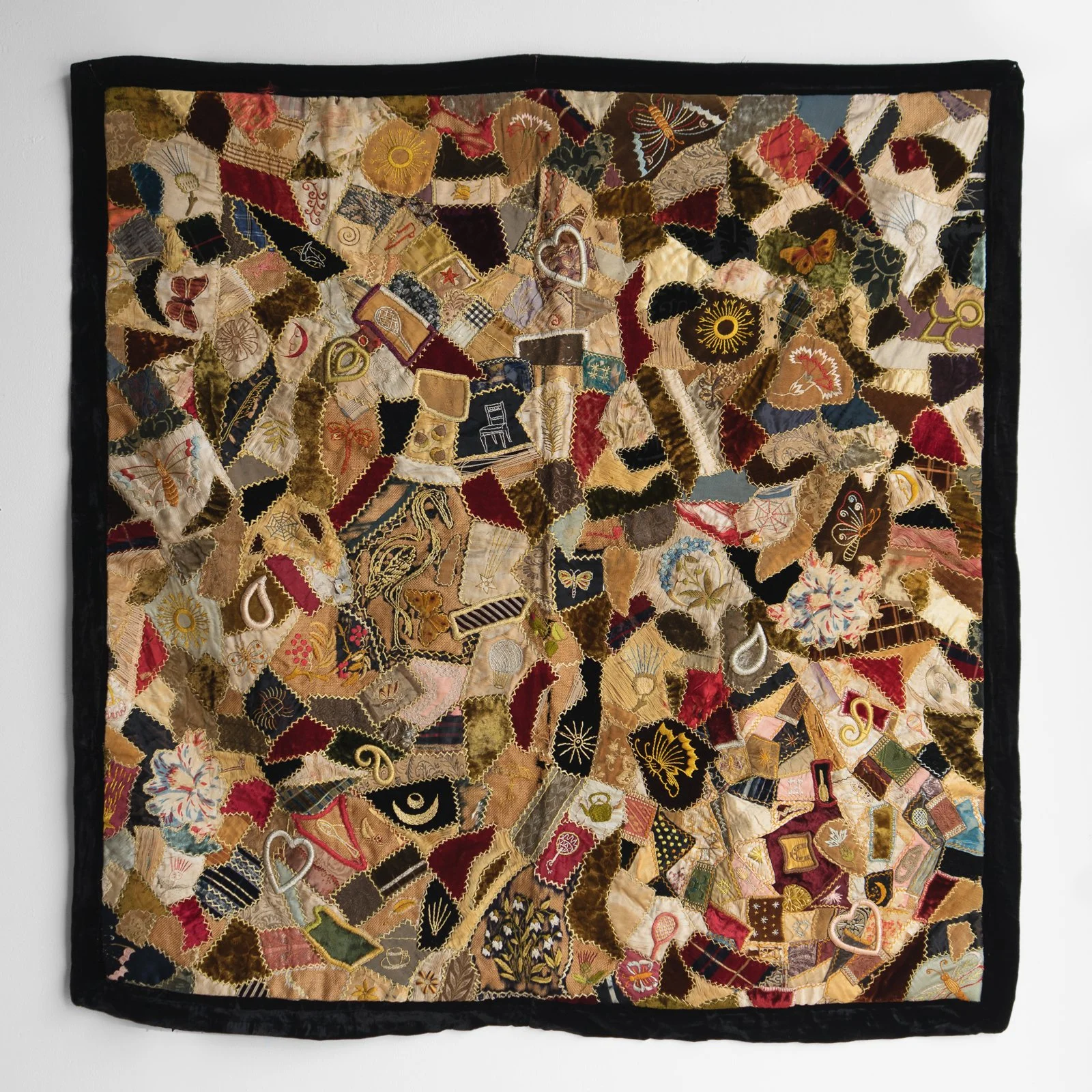 Antique Victorian Crazy Quilt, Hand Embroidered Silk and Velvet Patchwork Quilt, 19th Century