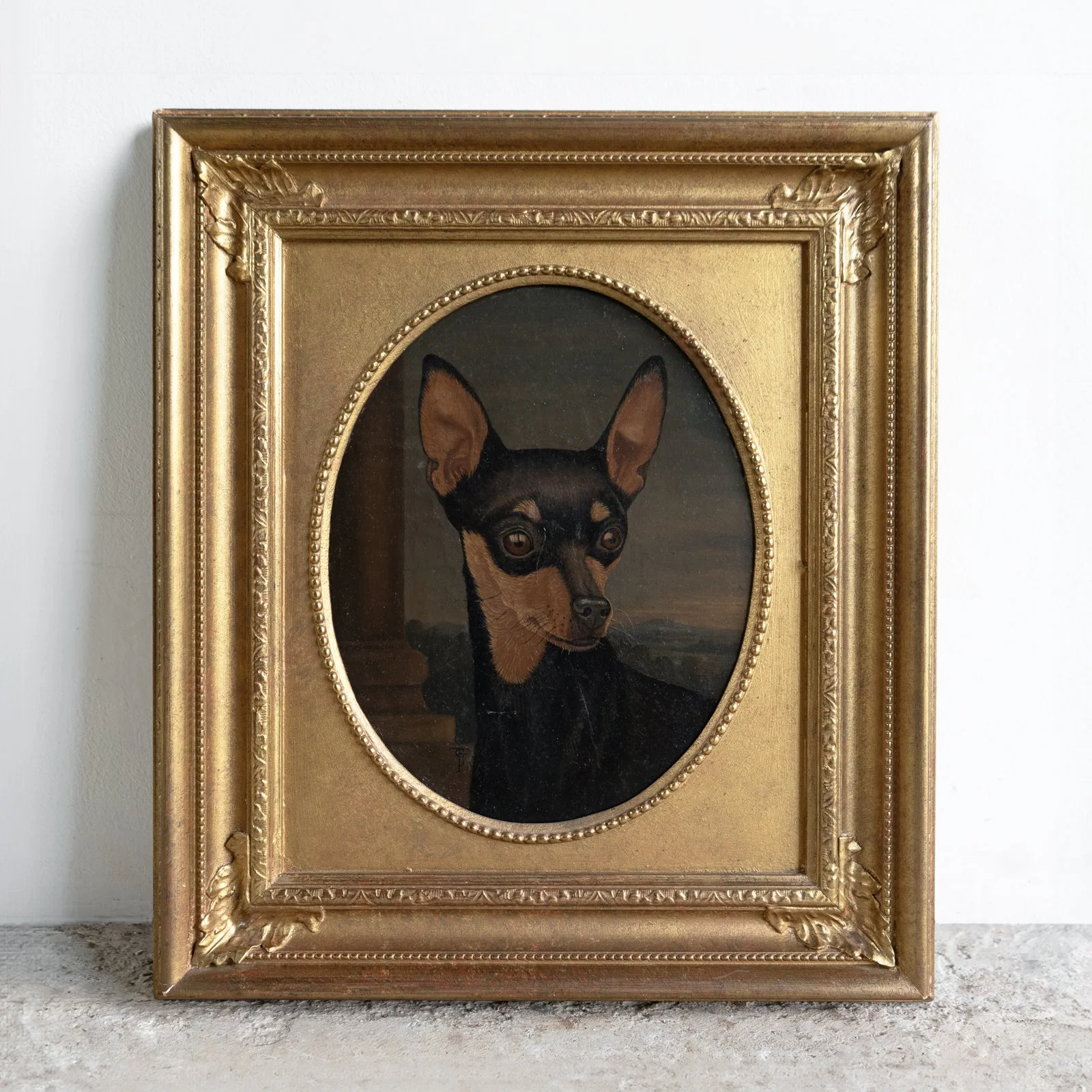 Antique Portrait of a Miniature Pinscher, Original Oil Painting of a Dog, 19th Century