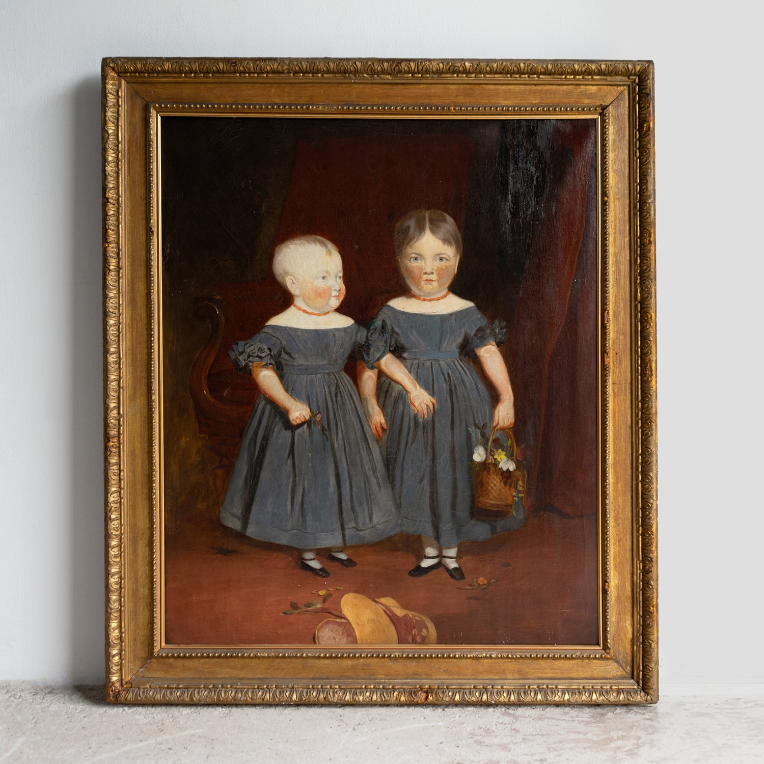 Antique Naive Portrait of Two Girls, Original Primitive Oil on Canvas Painting, 19th Century