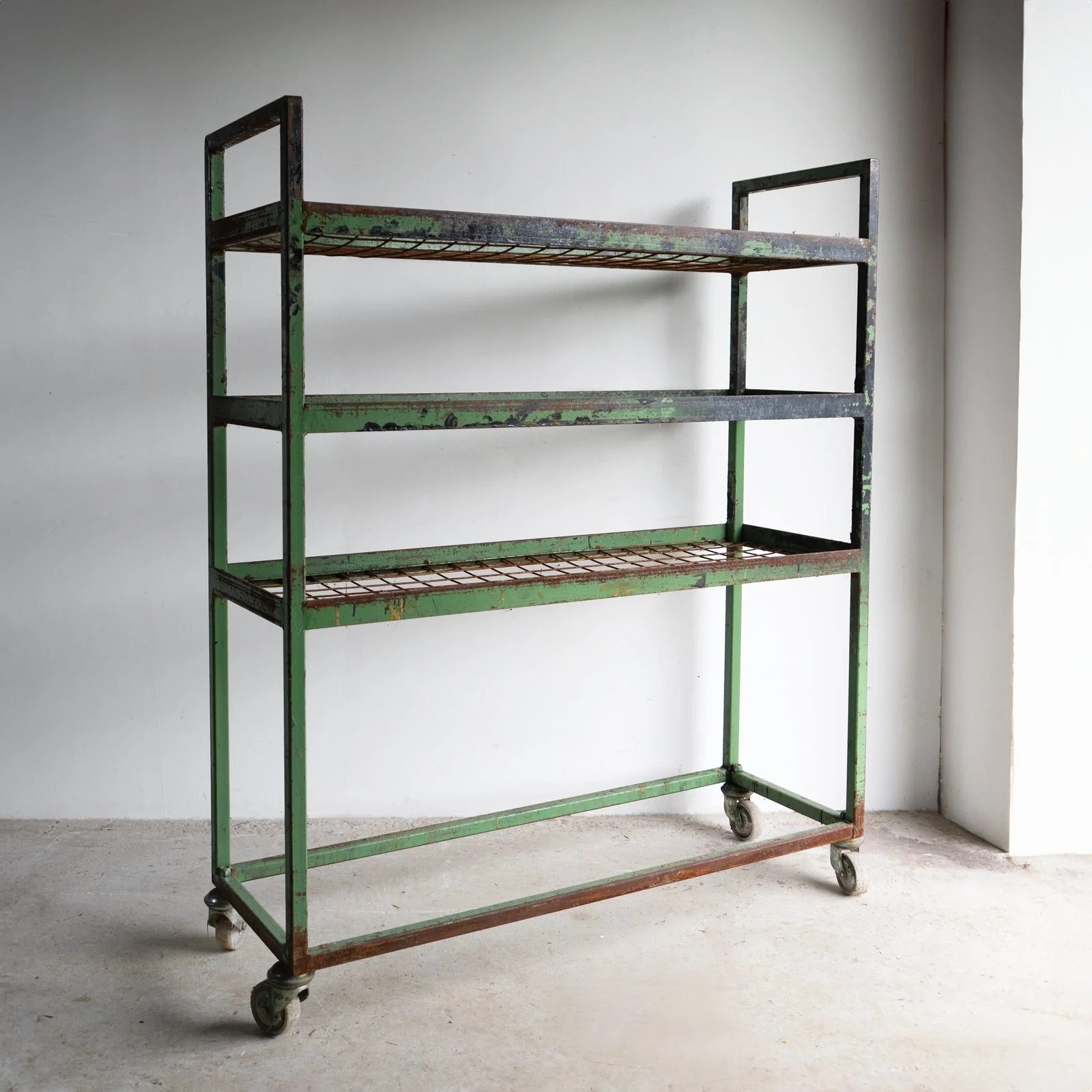 Vintage Green Metal Shoe Factory Shelving Rack Trolley, Mid 20th Century