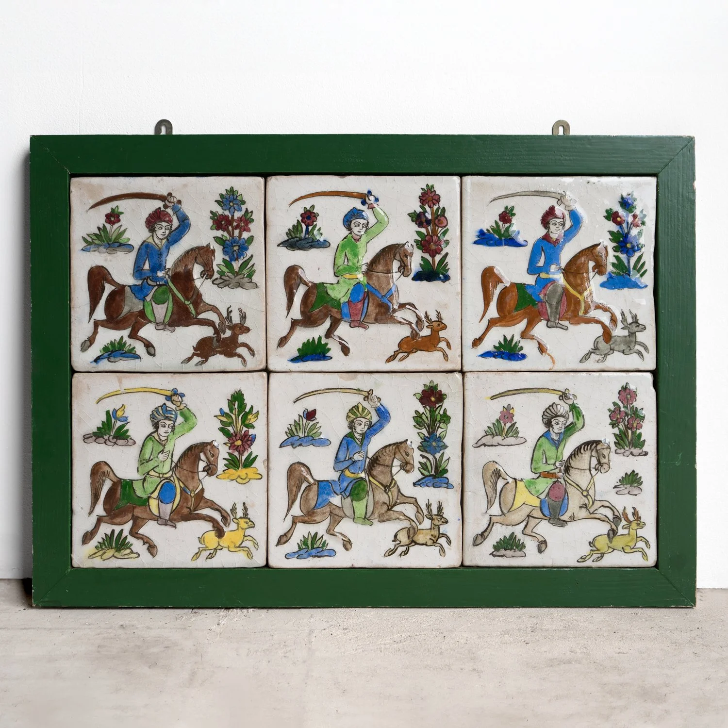 Set of Six Antique Persian Qajar Tiles Depicting Hunters on Horseback, 19th Century