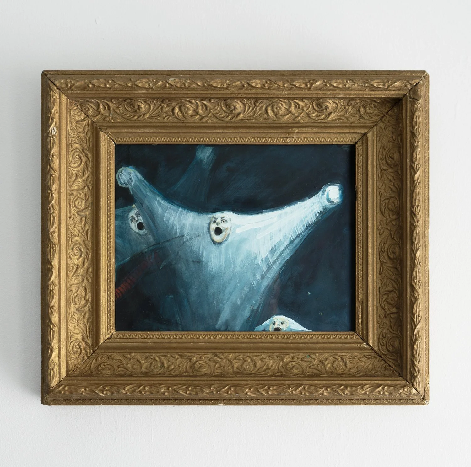 Vintage Spooky Painting Depicting Three Ghosts, Original Gouache, 20th Century