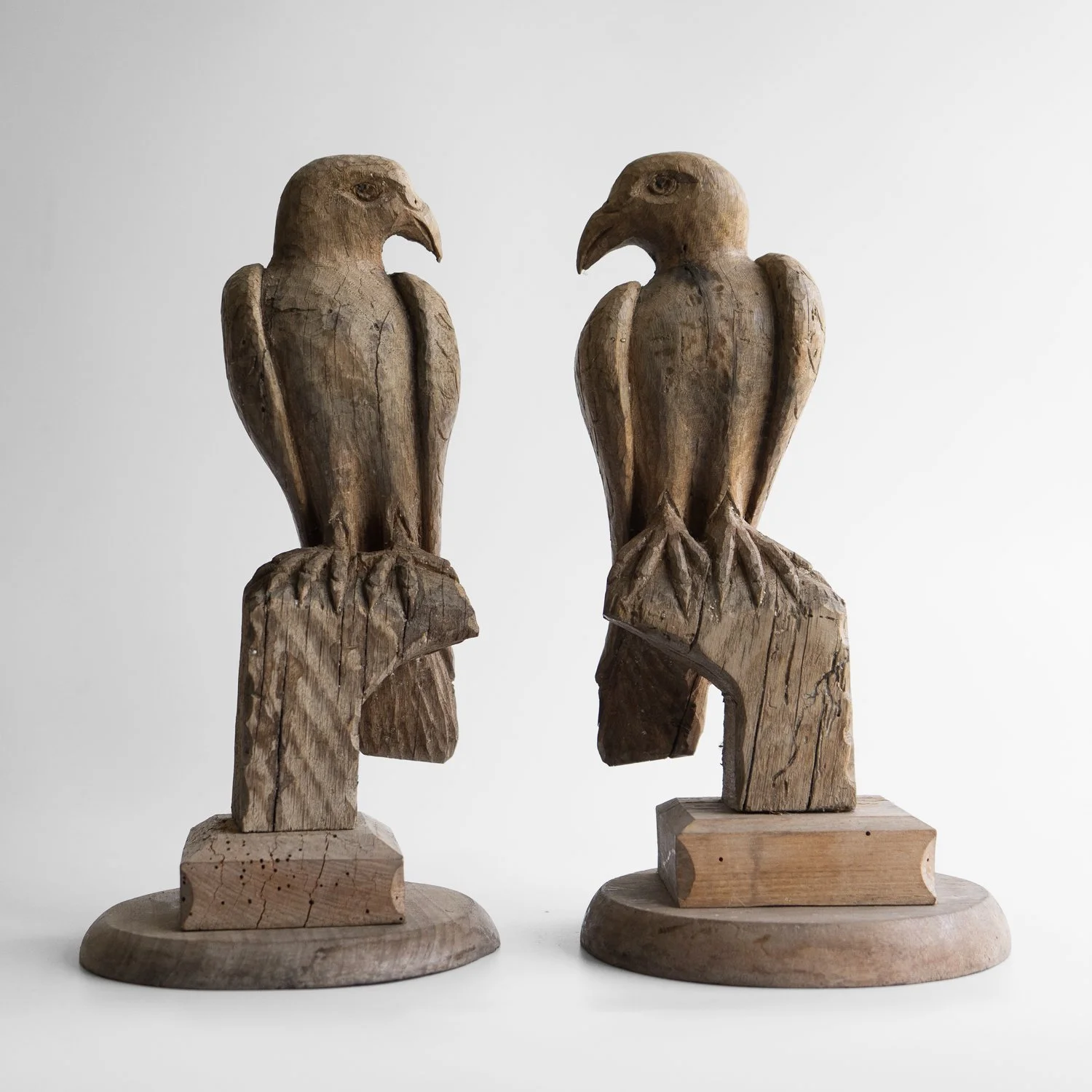 Pair of Antique French Folk Art Carved Oak Falcon Figures, Wooden Bird Sculpture