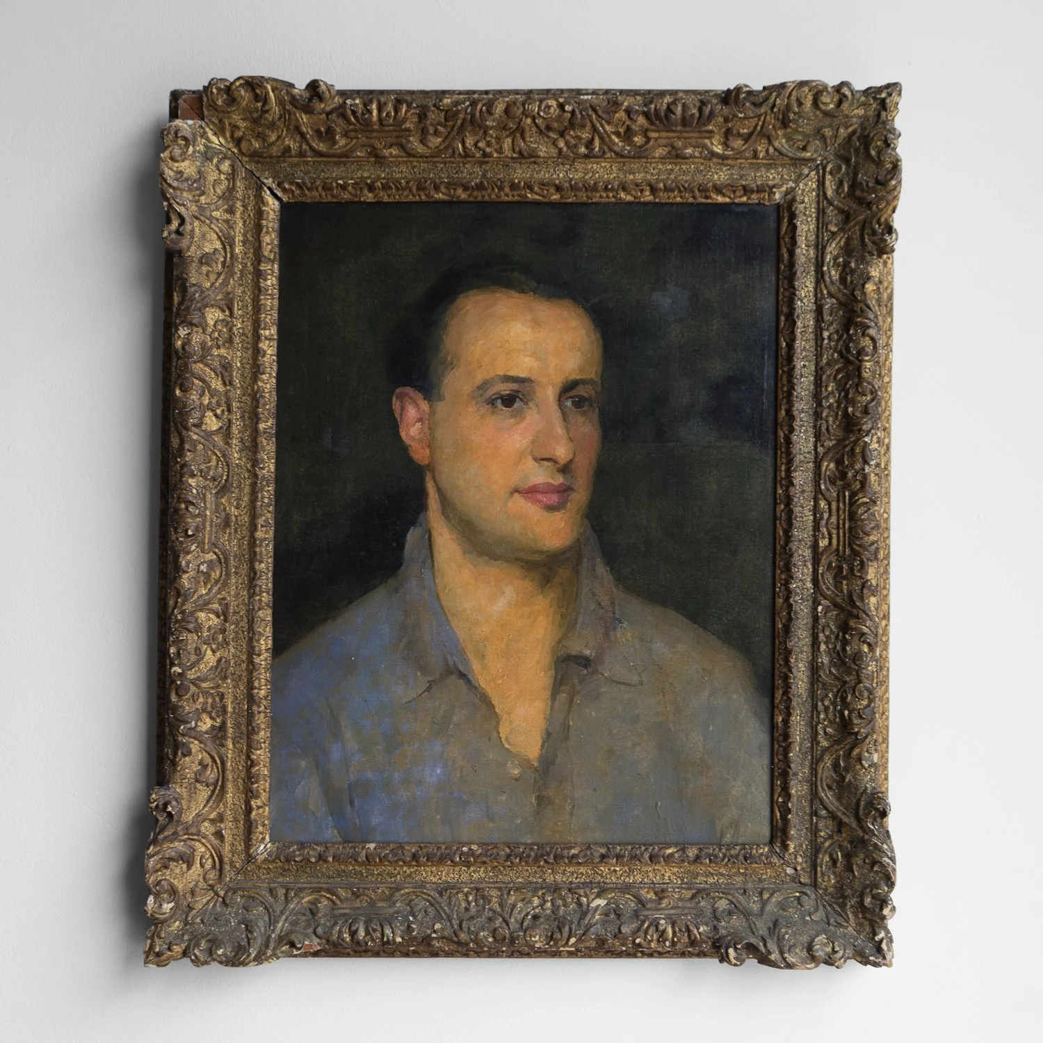 Captivating Portrait of a Man in an Open Shirt, Original Antique Oil Painting, Early 20th Century