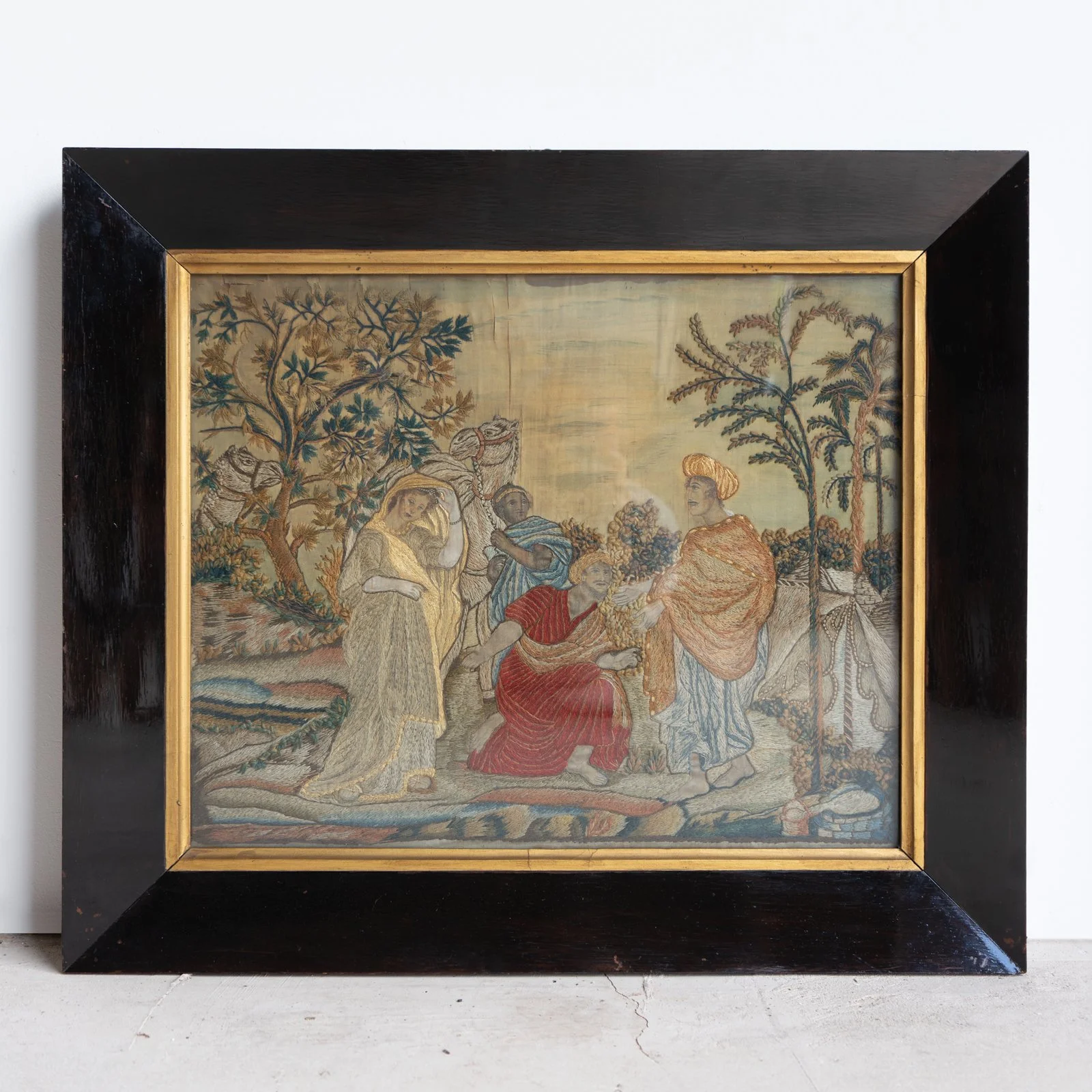 Large Antique Regency Silkwork Embroidery Depicting Rebecca at the Well, Early 19th Century