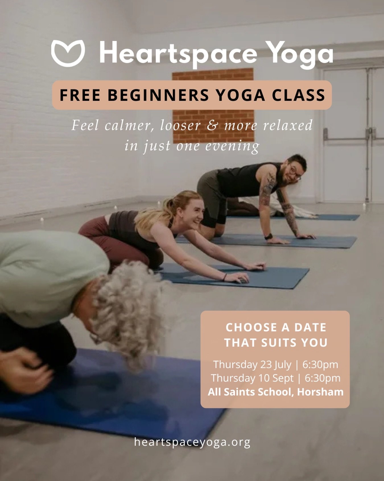 🧘🏼&zwj;♀️ Free Beginners Yoga Class &ndash; Horsham 

Feel calmer, looser and more relaxed in just one evening.

📍 All Saints Primary School, Horsham

Thursday 23rd July | 6.30pm 
Thursday 10th Sept | 6.30pm

If you&rsquo;ve been curious about yog