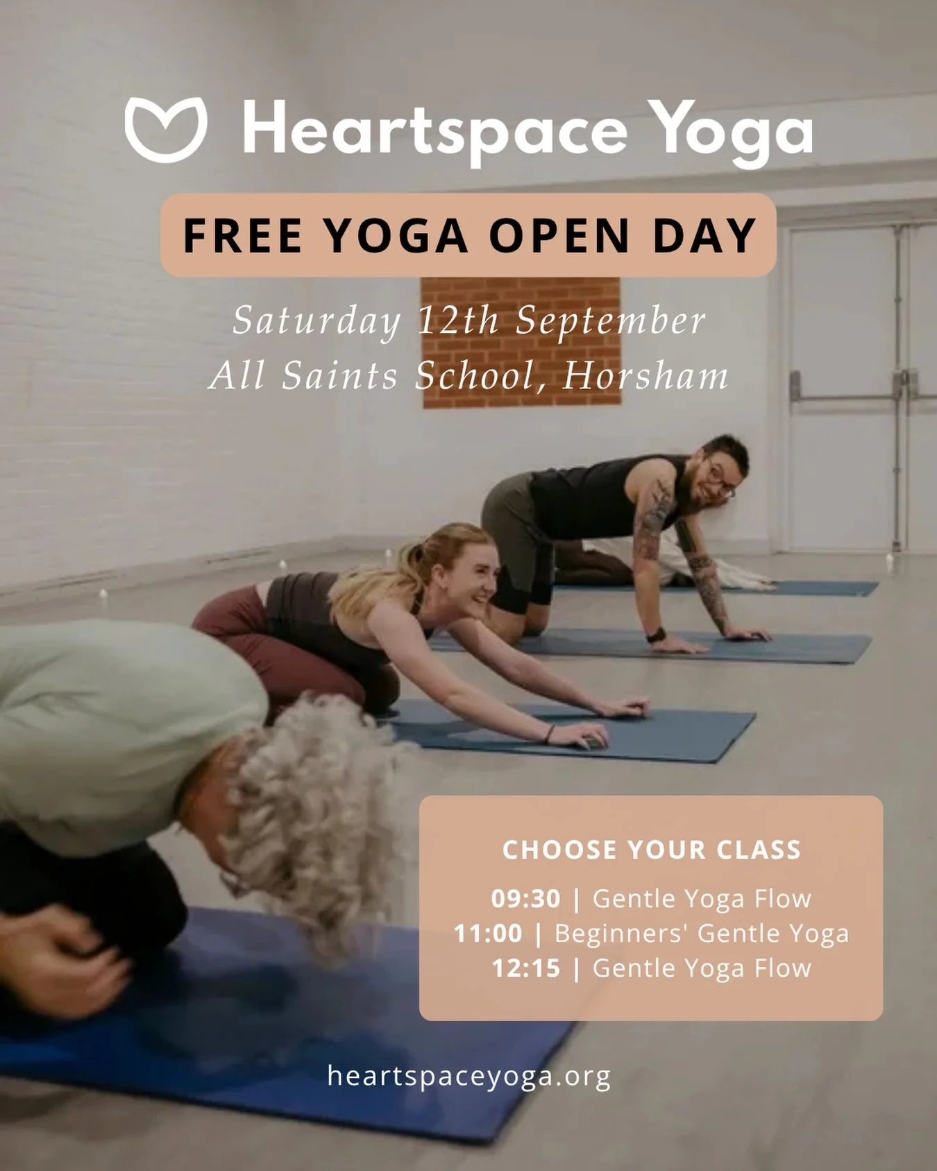 Free Yoga Open Day 🤍

Saturday 12th September | All Saints Primary School

Fancy giving yoga a try?

Heartspace Yoga is opening its doors for a morning of completely FREE yoga taster classes, right here at All Saints.

Whether you&rsquo;re completel