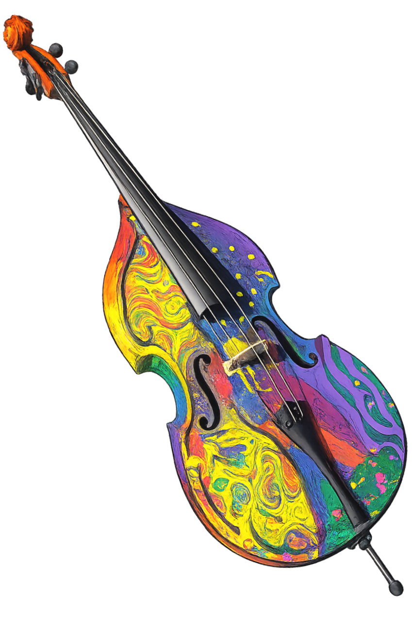 A colorful, abstract painted violin with swirling yellow, orange, purple, and green patterns on the body.