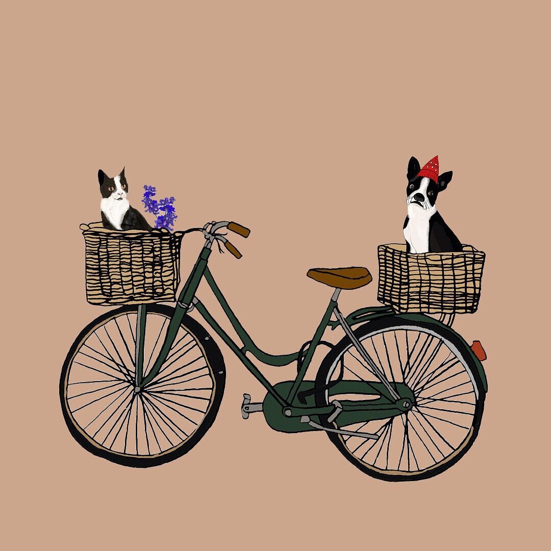&ldquo;Basket full of sunshine&rdquo;

One of our new stationery illustrations. Getting ready for @ny_now digital show!

#bike #bostonterrier #tuxedocat #stationery #greetings #blush