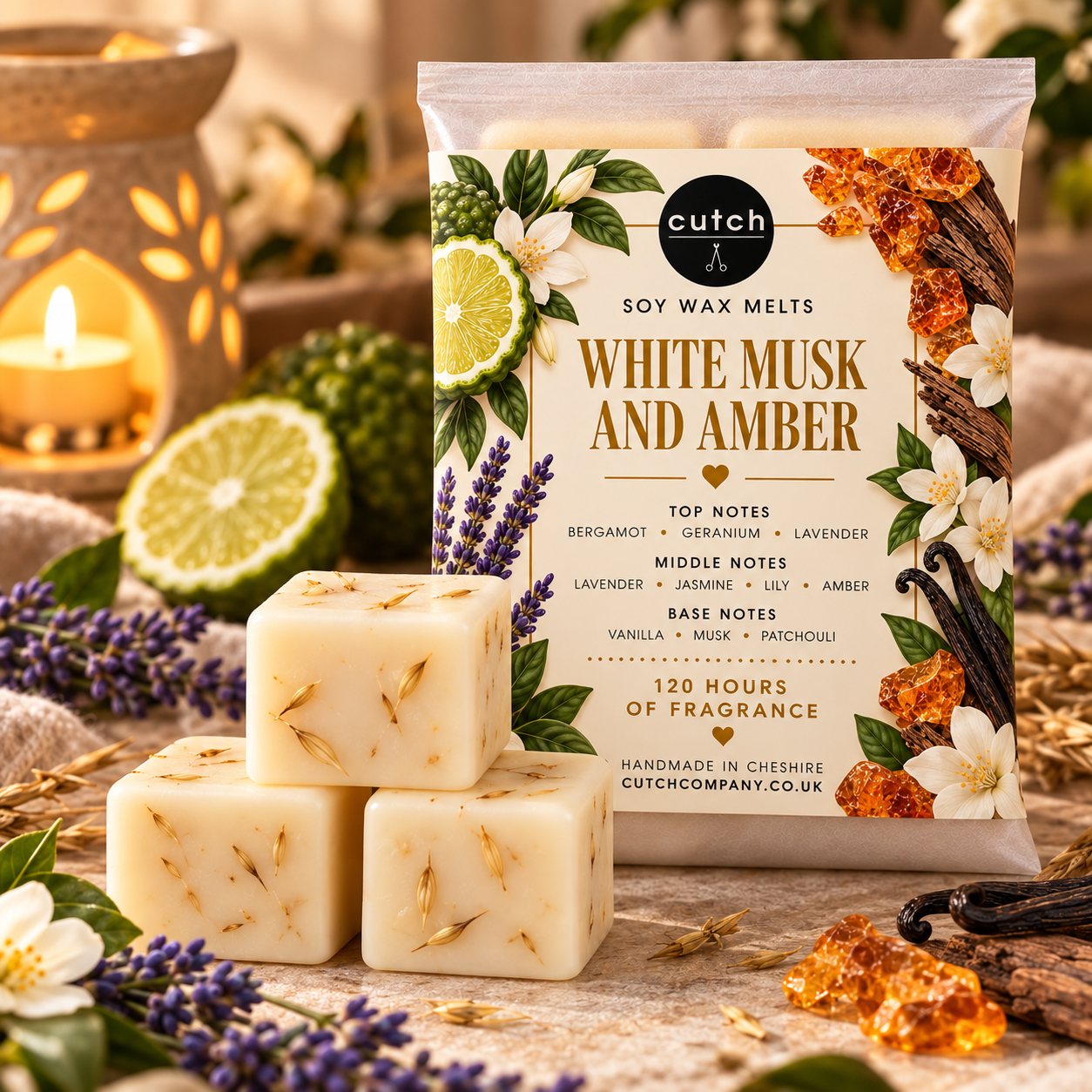 White Musk and Amber 'lifestyle shot of wax melts.png