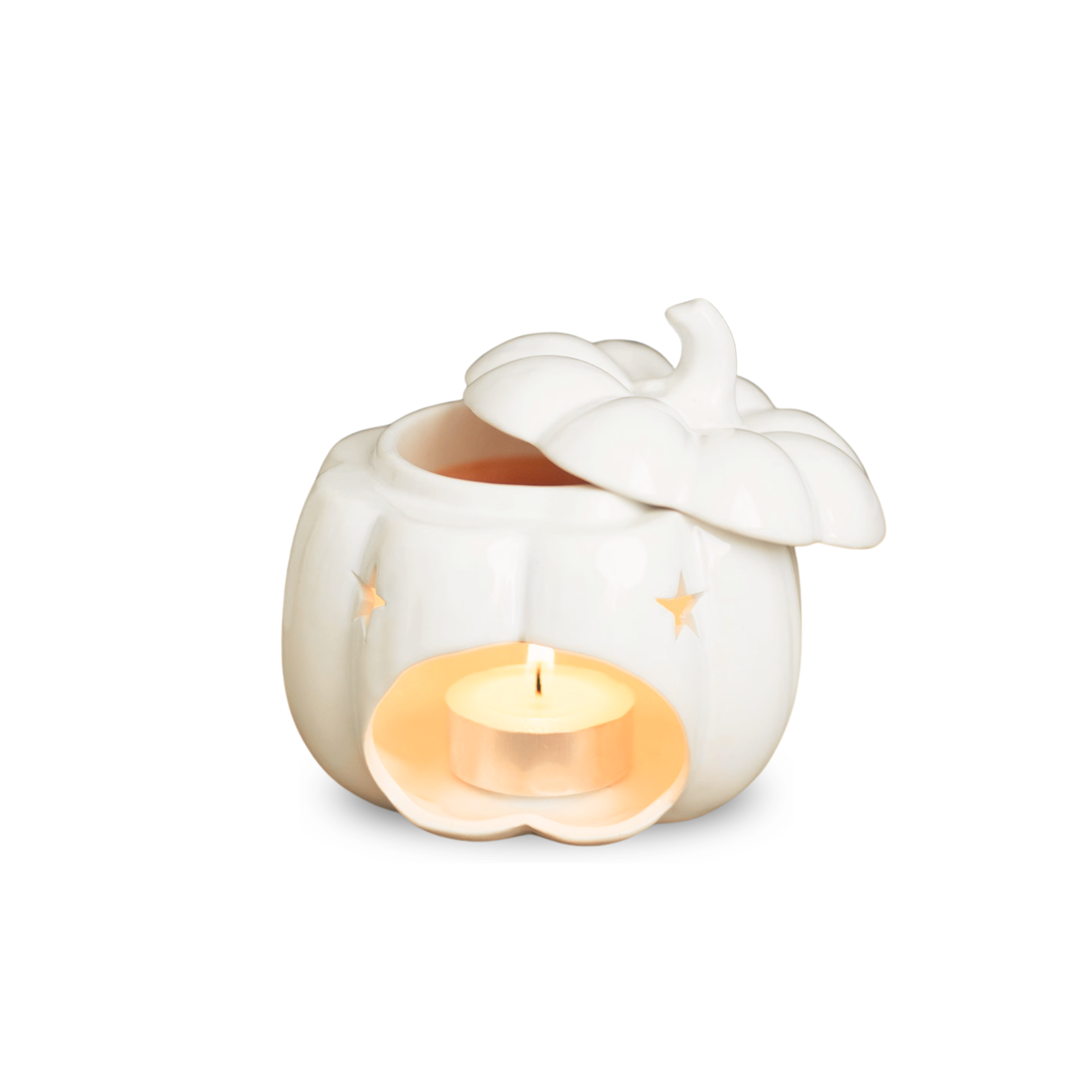 White Ceramic Pumpkin Wax and Oil Burner Lit Lid off.png