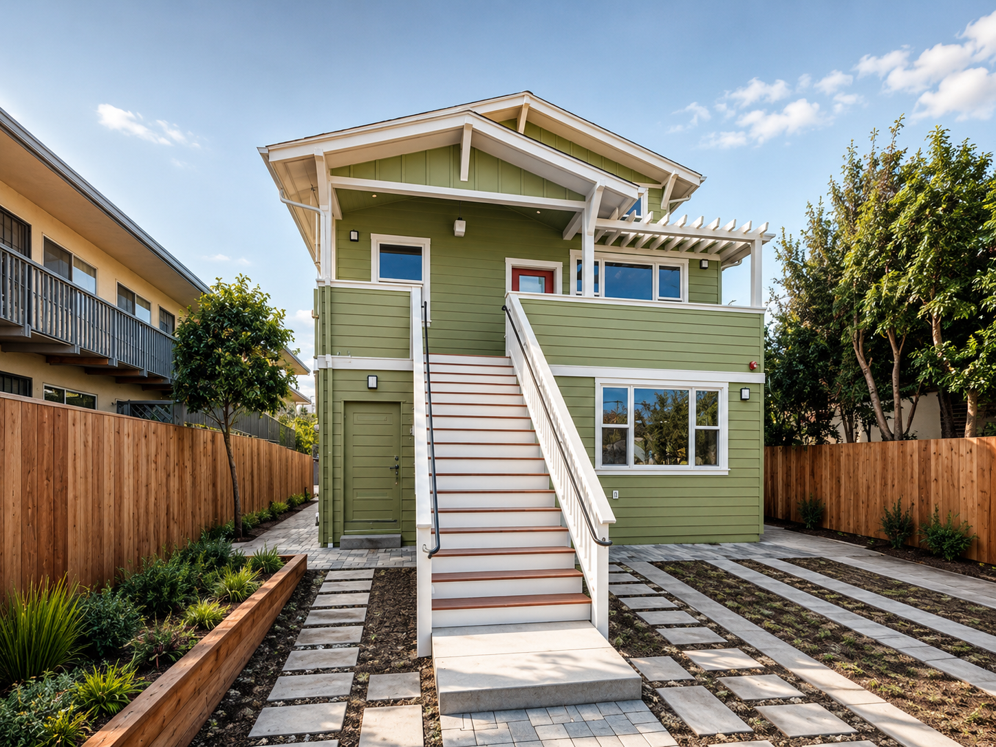 A modern, two-story green house with a staircase leading to a front porch with a pergola, surrounded by a new wooden fence and landscaped yard.
