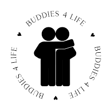 Two cartoon-style figures hugging, surrounded by the text 'Buddies 4 Life' and small heart symbols.