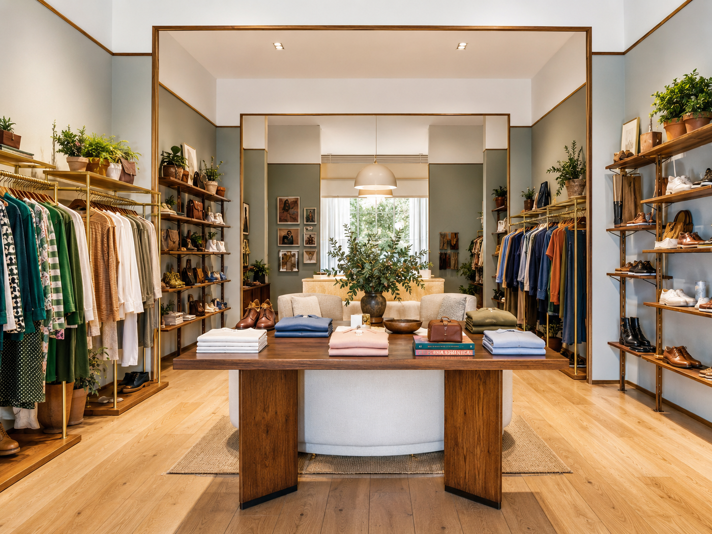 Interior of a boutique clothing store with racks of clothes, shelves with shoes and accessories, and a central table with a flower arrangement.