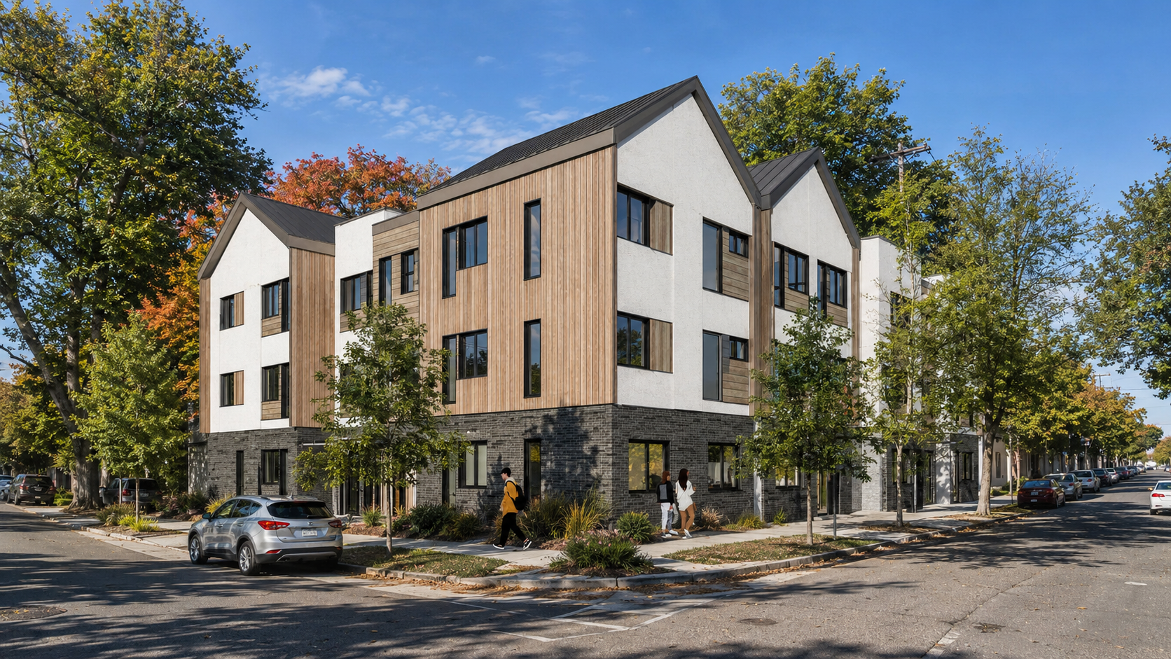 Rendering of a modern apartment building with three stories, featuring a white exterior with wood accents, gabled roofs, balconies, and large windows, situated on a tree-lined street with parked cars and pedestrians.