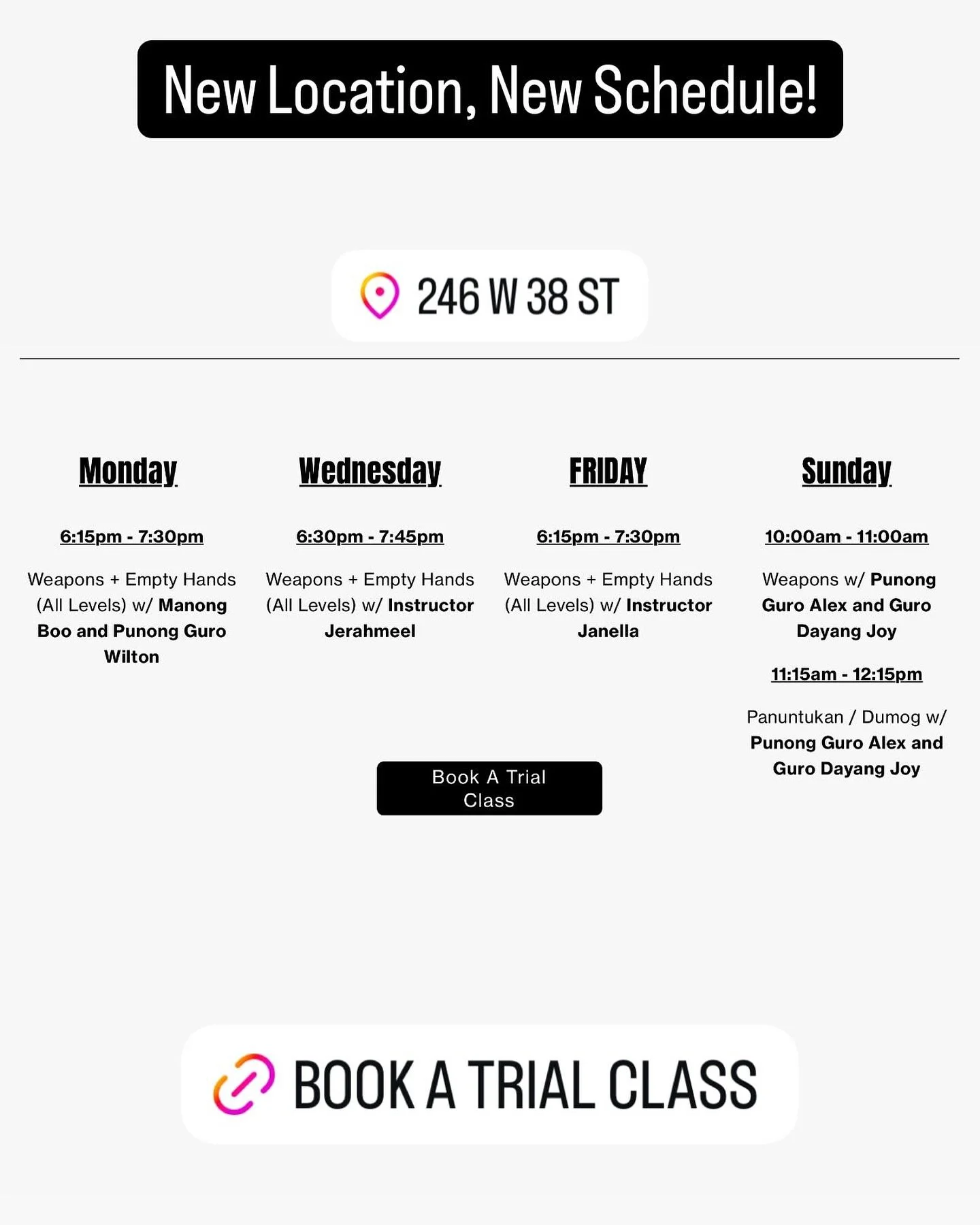Come check us out at our new location on 38th between 7 and 8th Ave!
#mabuhay #tsrkali #filipinomartialartsacademy #filipinocommunity #nycmartialarts #escrima #fitnessmotivation