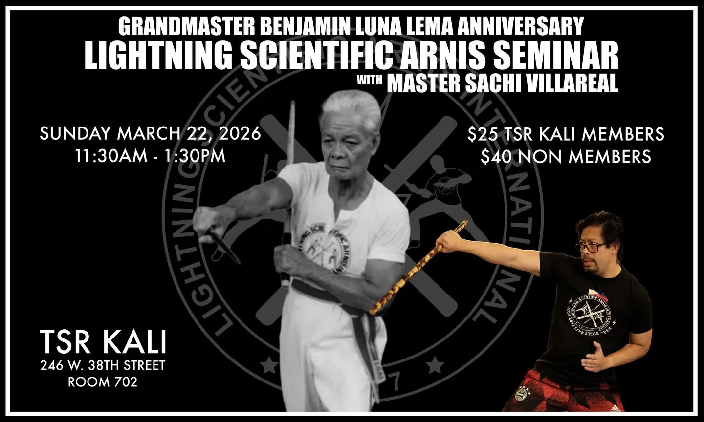 March 19, 1919 marks the birth of Benjamin Luna Lema, founder of Lightning Scientific Arnis. To commemorate this day TSR Kali will be holding a Lightning Scientific Arnis seminar with Master Sachi Villareal on Sunday March 22nd.

Maestro Sachi starte
