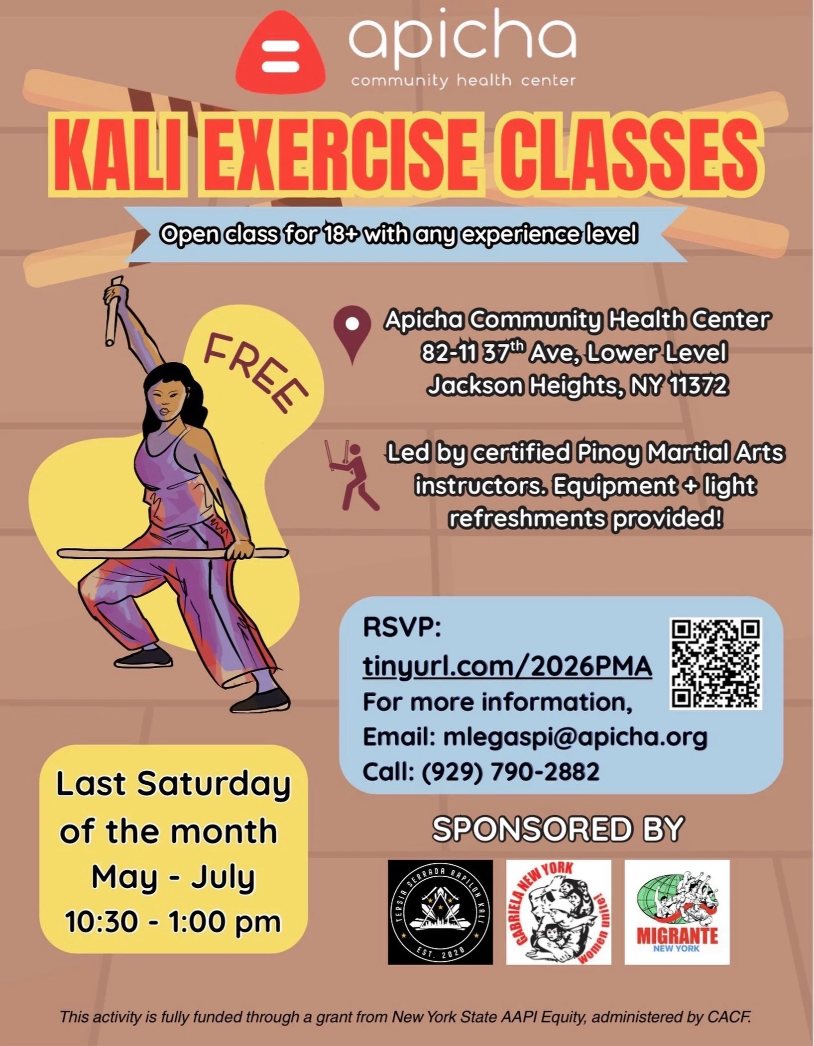 Saturday May 30th TSR Kali will be begin a monthly FMA class at Apicha Community Health Center in Jackson Heights, Queens.
.
This class will be held on the last Saturday of each month from May to July.
.
Although the combat and self-defense applicati