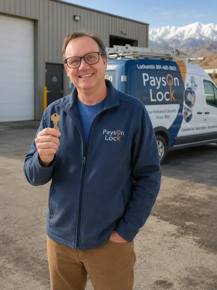 Payson Lock & Key locksmithing holding  a restricted key control system key in front of an industrial building in Utah.