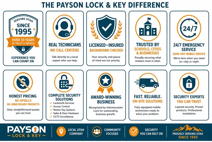 Graphic showing the Payson Lock & Key difference through real technicians, licensed and insured, 24/7 emergency service, honest pricing, and more.