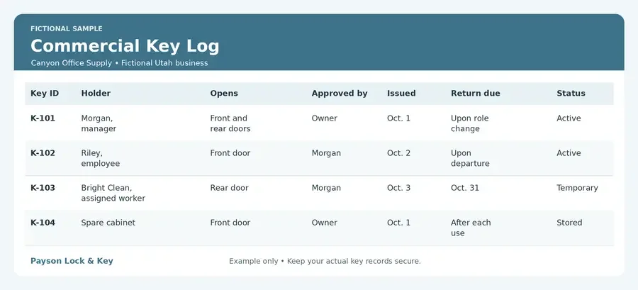 Fictional commercial key log showing key holders, door access, approvals, issue dates, return deadlines, and status.