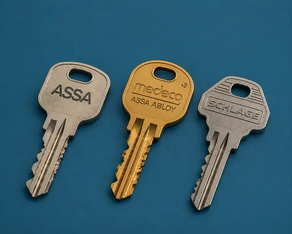ASSA key, Medeco Key, and a Schlage key against a blue background.