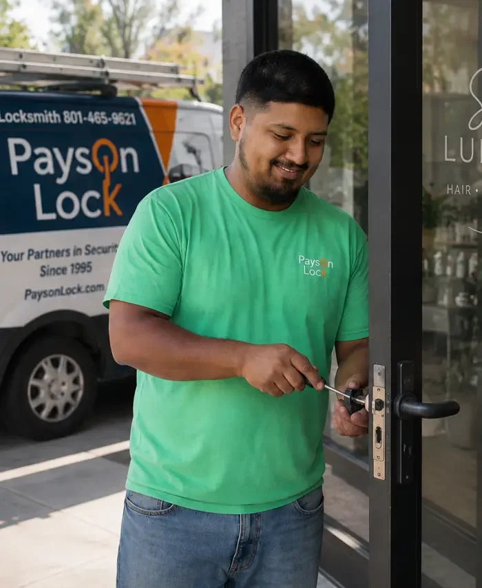 Payson Lock & Key locksmith replacing a lock on a retail business door.