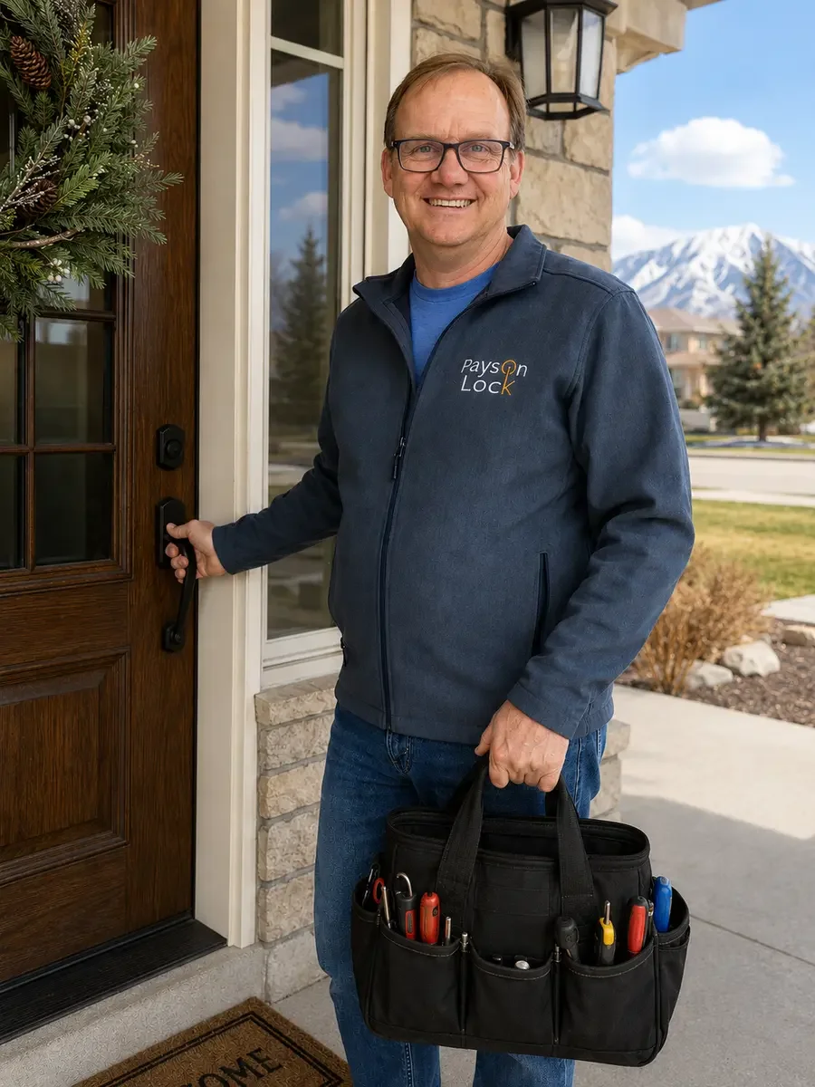 Payson Lock & Key locksmith standing at the front door of a house in Payson, Utah.