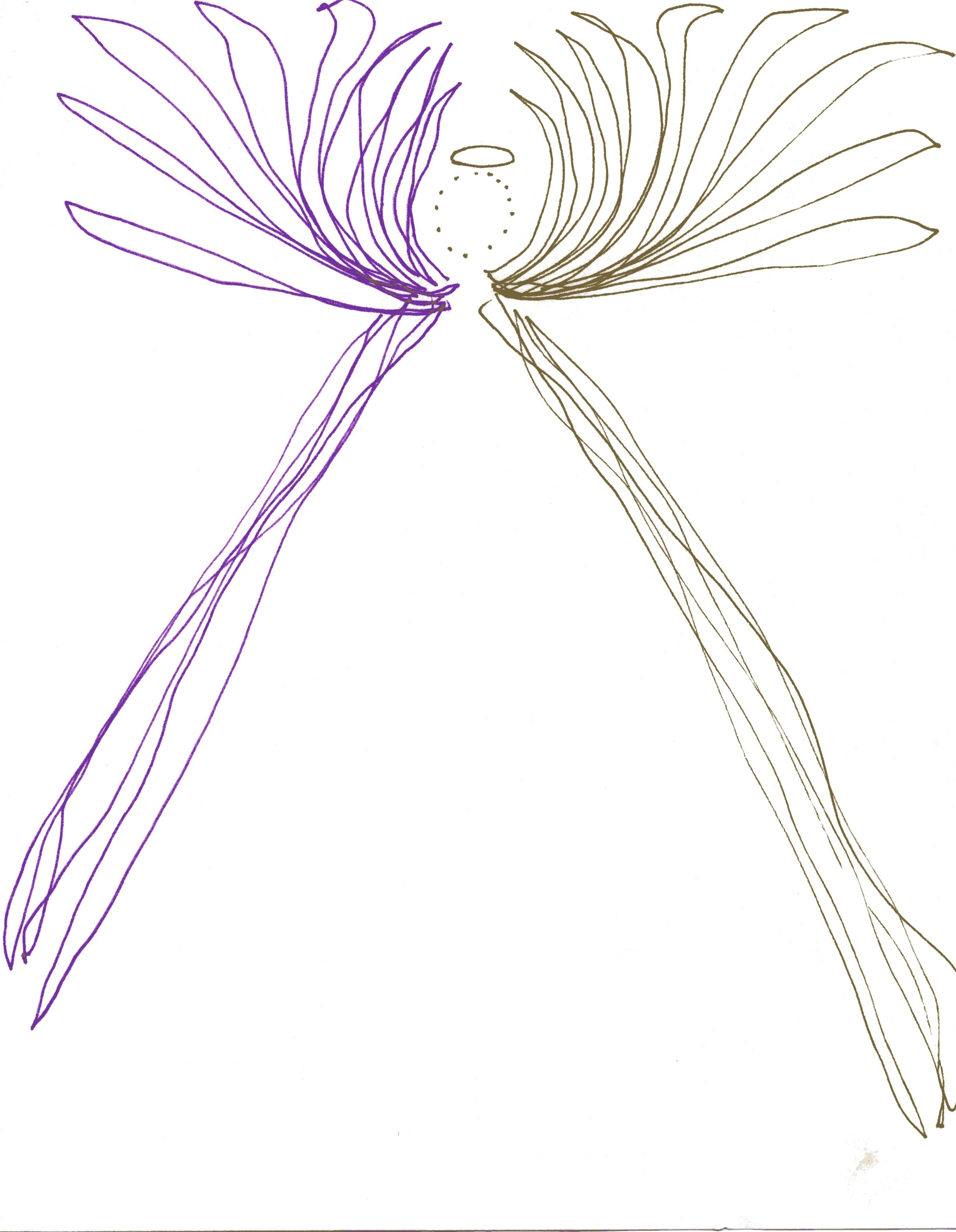 A minimalist line drawing of an angel with purple and brown wings, a halo, and a circular ring above the head.