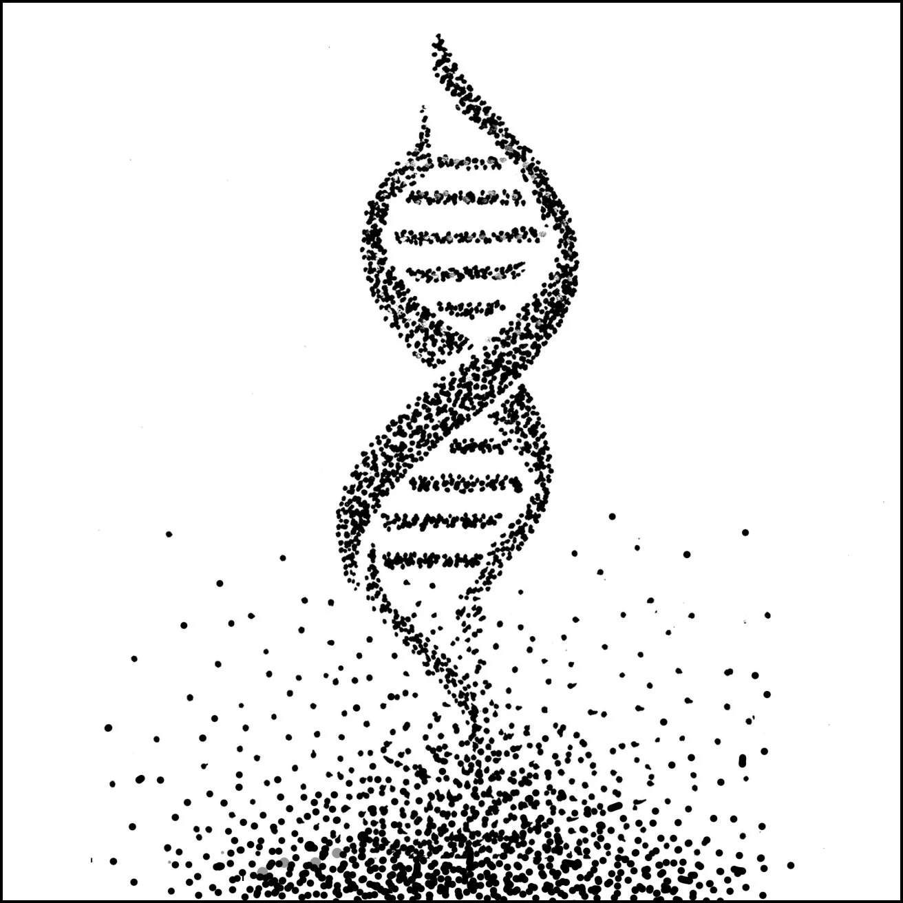 A black and white artistic depiction of a DNA double helix structure created with small dots, with the helix extending vertically from top to bottom, and a dotted background suggesting a biological or scientific theme.