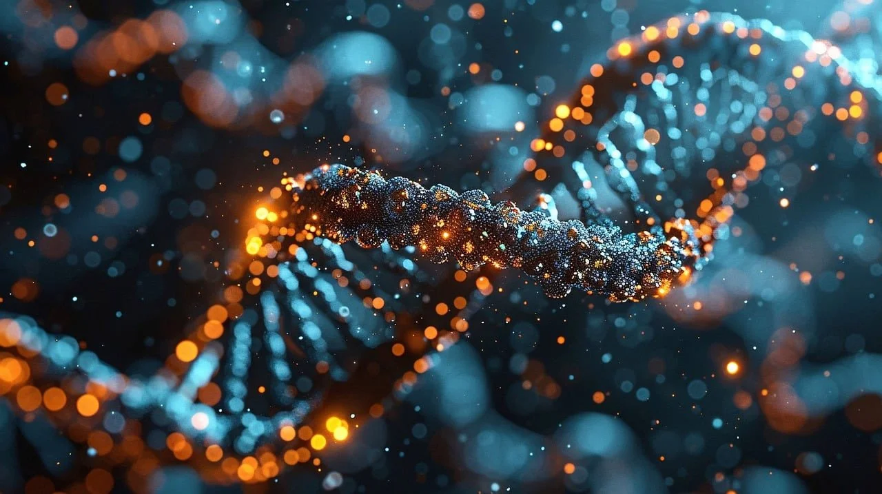 Close-up of a digitally rendered DNA double helix with glowing orange and blue particles
