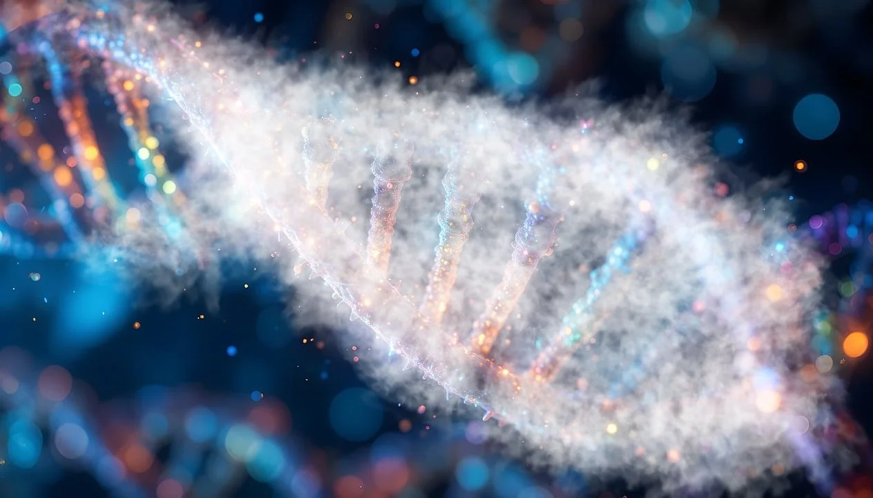 Close-up of a glowing DNA helix made of light and particles, with a dark and colorful background.