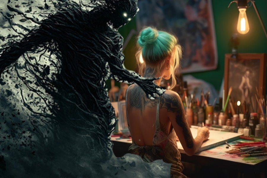 inner critic over the shoulder on an artist