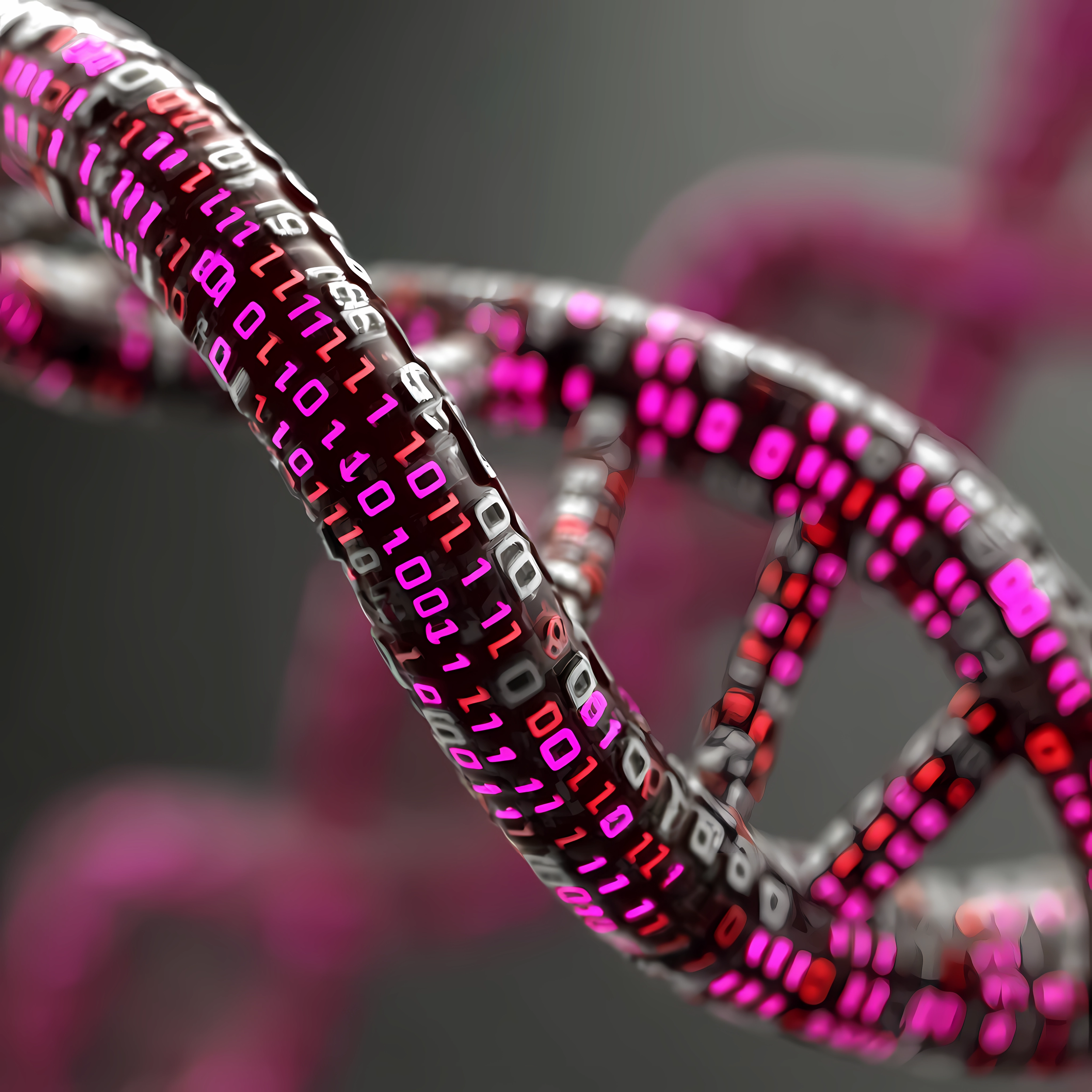 Close-up of a flexible electronic ribbon with illuminated pink and red digital numbers and codes, twisting against a dark and blurred background.